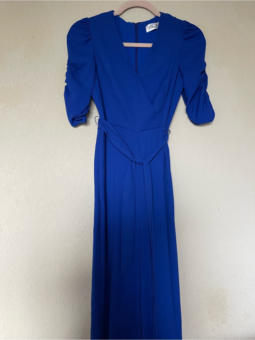 Eliza J Royal Blue Wrap Jumpsuit with Puff Sleeves